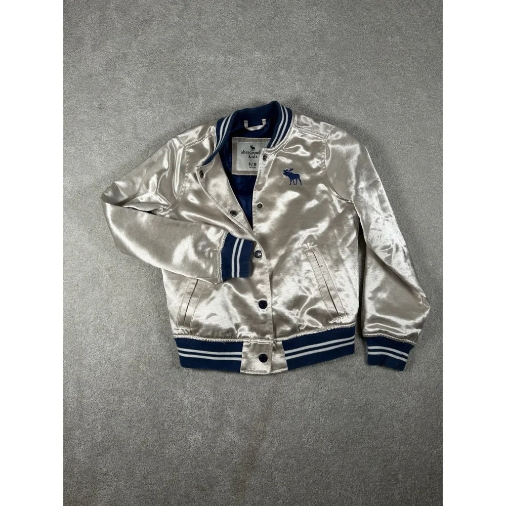 Abercrombie Kids Metallic Bomber Satin Jacket Gold Silver Blue Varsity Snap 9/10